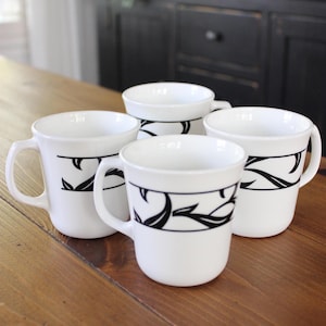 Vintage Corelle Lyrics Black & White Glass Coffee Mugs by Corning - Set of 4
