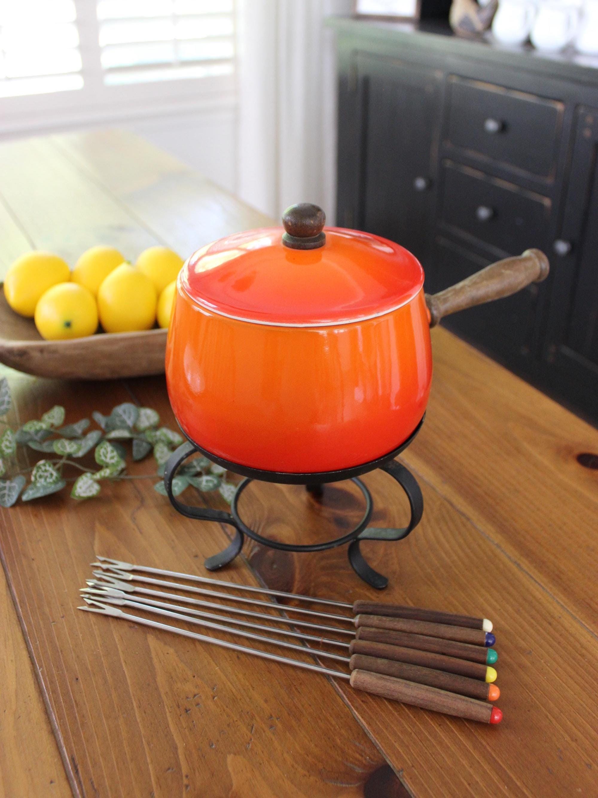 Vintage Orange Fondue Set: 6 Rainbow Forks & Metal Cradle