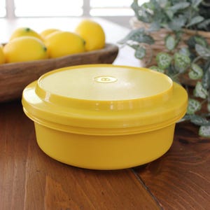 Vintage Tupperware Seal-N-Serve Round Storage Container with Lid - 1970s Harvest Gold Yellow