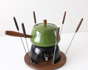 Vintage Avocado Green Fondue Pot - Complete Set Made in Japan