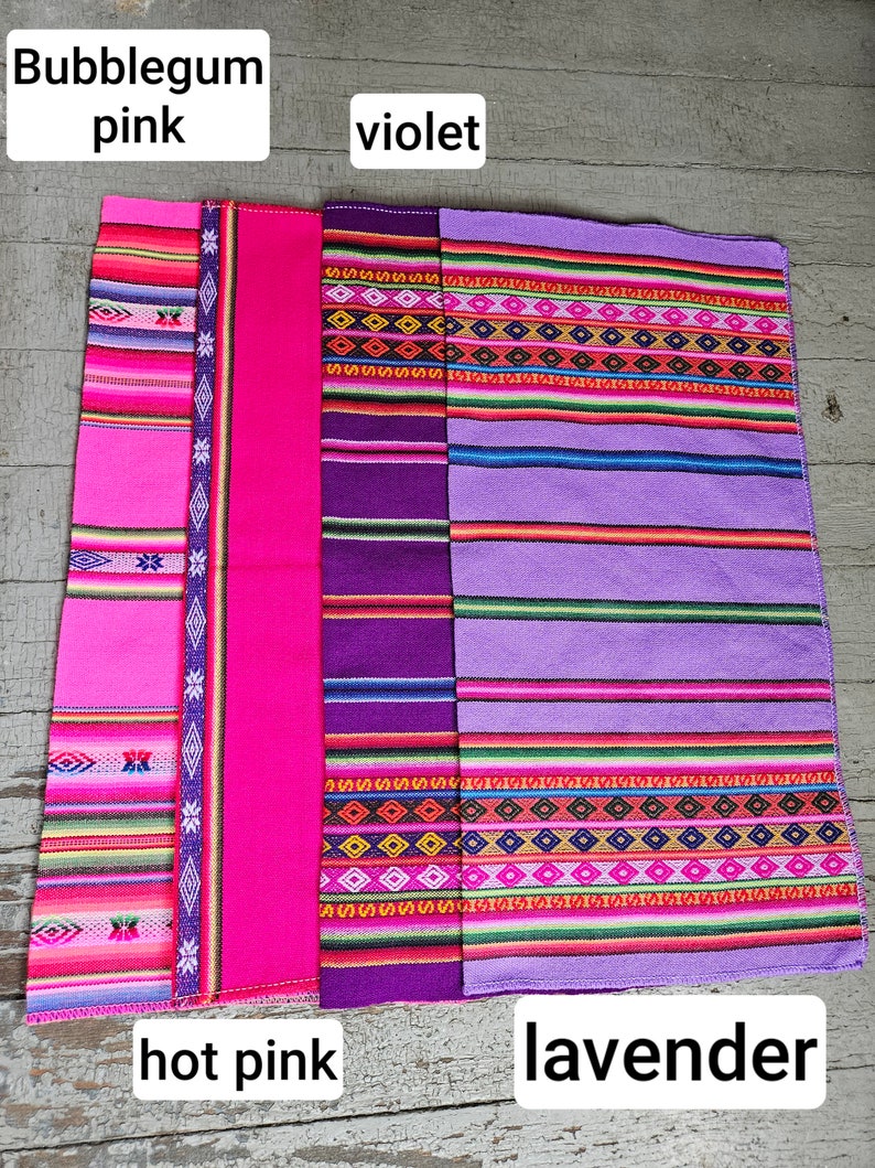 May include: Four fabric swatches in different shades of pink and purple. The swatches are labeled "bubblegum pink", "hot pink", "violet", and "lavender".