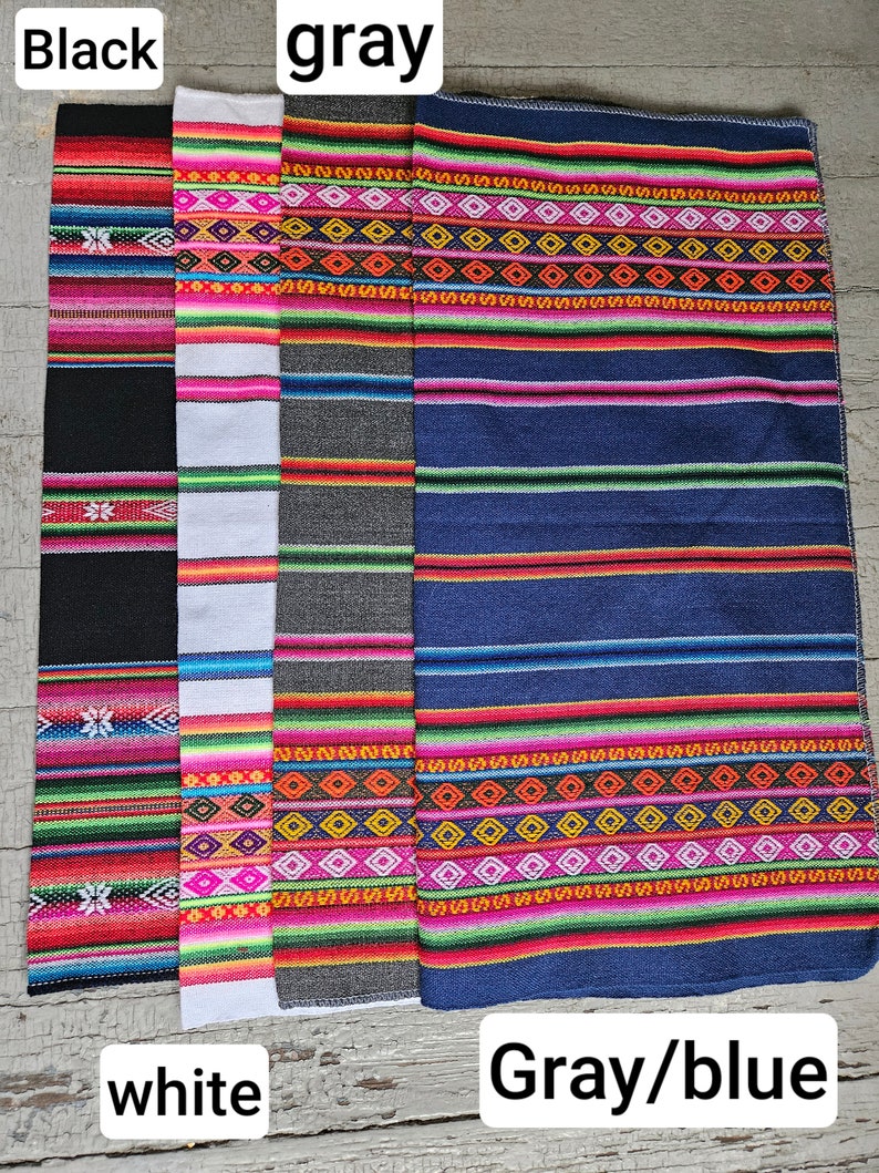 May include: Four fabric swatches with colorful geometric patterns. The swatches are labeled "Black", "Gray", "White", and "Gray/Blue".