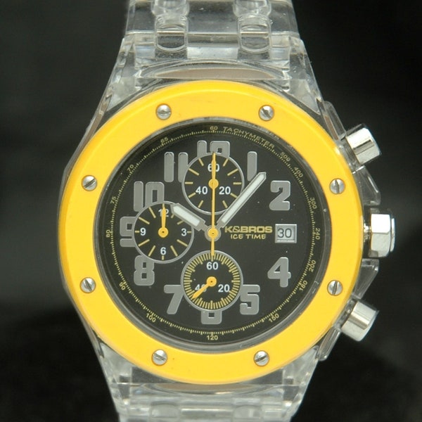 K&Bros ICE TIME Chronograph Men's 45mm Quartz Watch Wristwatch Acrylic Clear Case Band Yellow Bezel Black Dial Ap Royal Oak New Battery