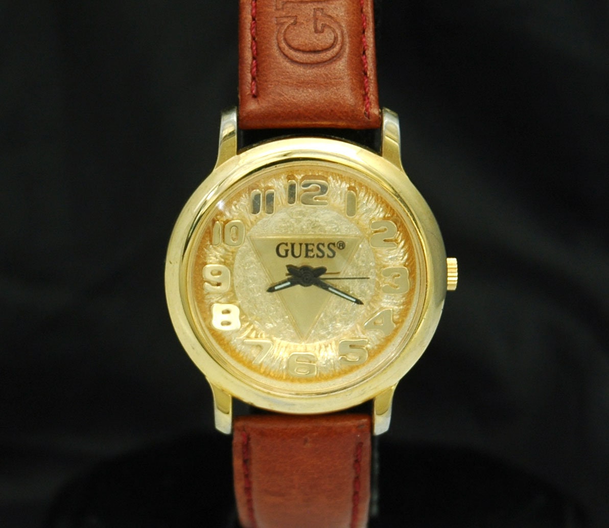 1997 GUESS Gold Watch New Battery QUARTZ 36mm Wristwatch Brown Leather Band All Original Retro 90s Rare Made in USA Free Shipping Etsy