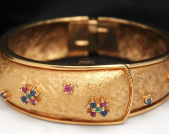 SHEFFIELD Hidden Yellow GOLD Windup Jewels Bangle Bracelet WATCH 21mm Ladies Cocktail Wristwatch Vintage Pinup Gemstone Swiss Rare Serviced