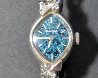 1970s BULOVA Ladies Diamond Windup WATCH Marble Blue Dial 15mm Wristwatch Retro Mechanical 17 Jewel Vintage Stretch Bracelet Pinup Jewelry