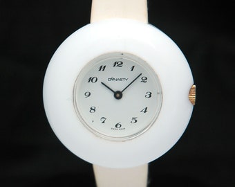 1960s DYNASTY Swiss Made Windup WHITE WATCH 42mm Wristwatch Retro Fashion Vtg Degalan