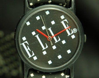 1980s ELLE WATCH Vintage Pin-up Polka Dot Cloth Fabric Wrap Around Strap New Battery 31mm Wristwatch Quartz Ladies Black Case Swatch Era PoP