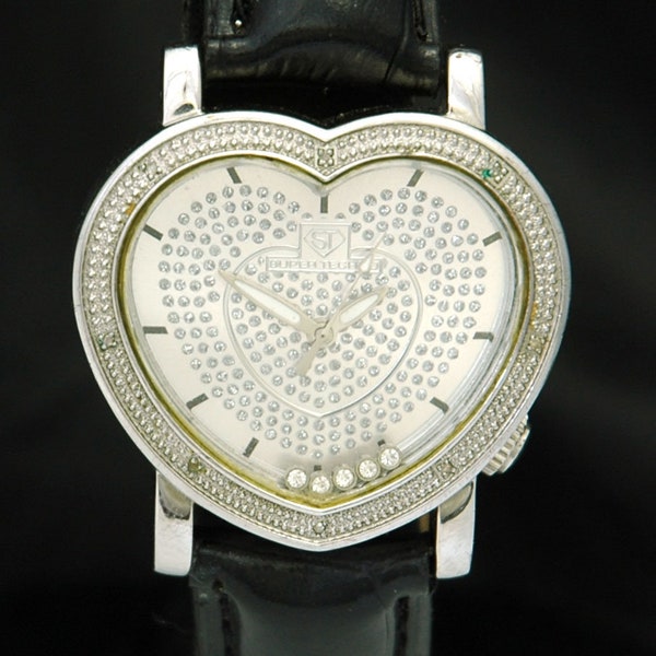 SUPER TECHNO Ladies DIAMOND Pave Floating Heart Watch 37mm Stainless Steel Wristwatch Japan Quartz New Battery I-5510