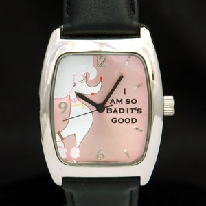 I am so bad it&#39;s good FIFI WATCH New Battery *Free Shipping* 33mm Ladies Unisex Wristwatch Pink Poodle Pinup Black Leather Band FI007