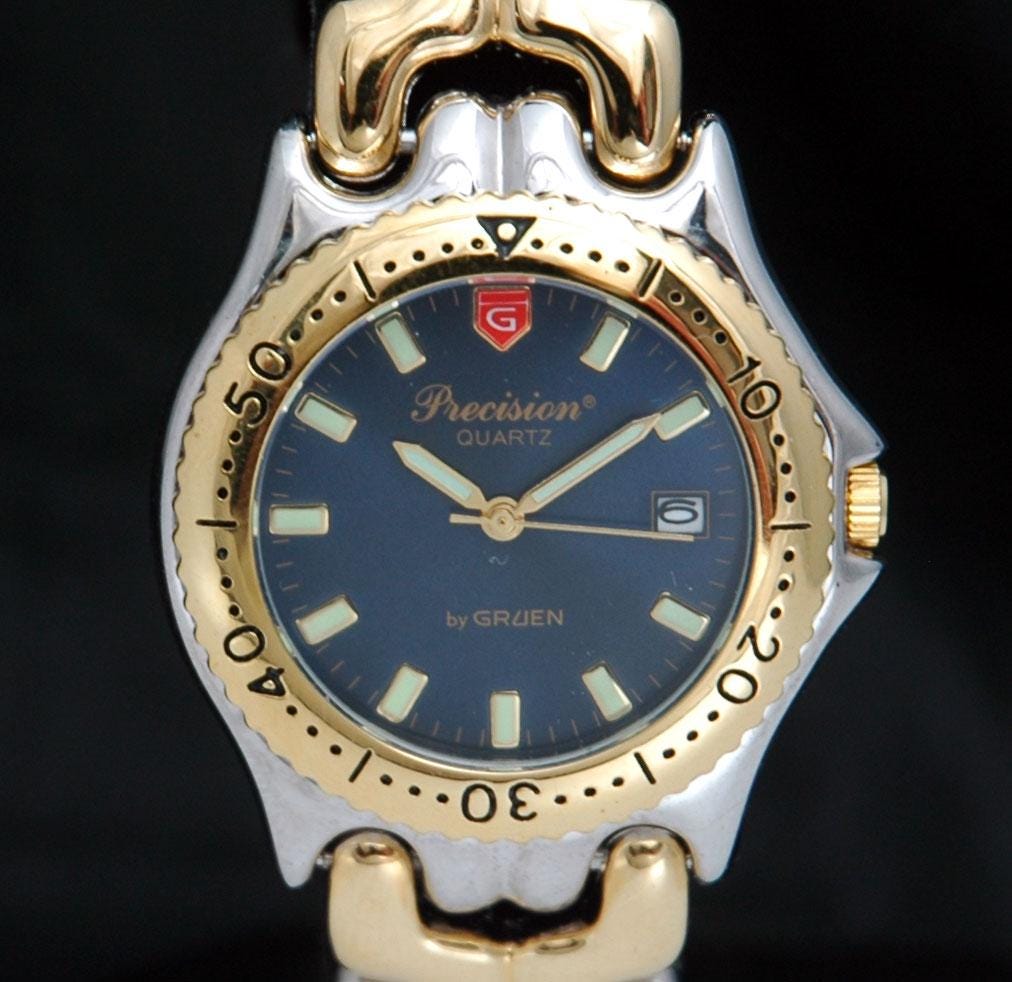 PRECISION By GRUEN Men's DIVER Watch sel Sports Elegance Date 39mm Quartz Blue Dial Wristwatch Two Tone Gold Stainless Steel Bracelet gp5016