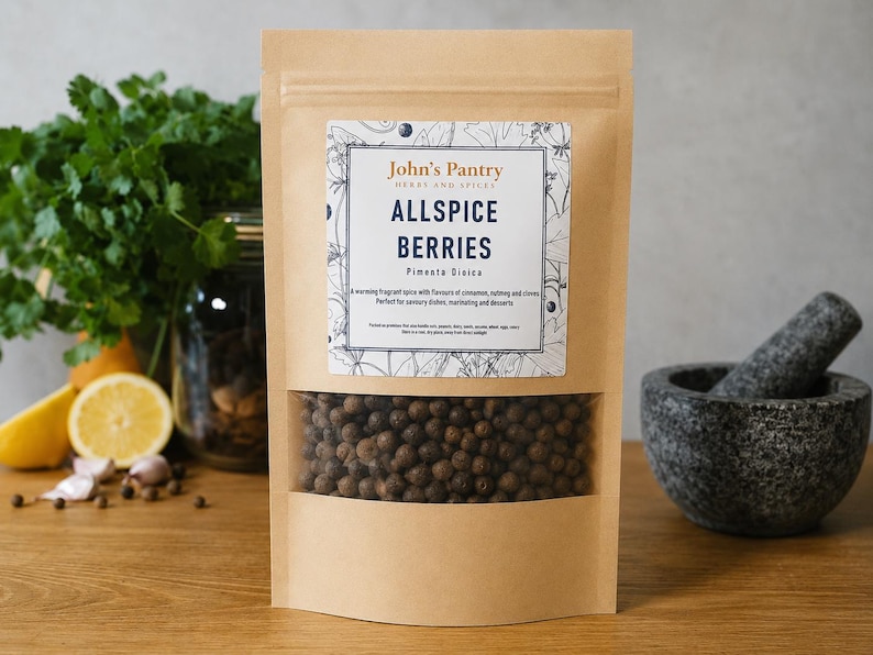 May include: A brown paper bag of allspice berries with a clear window, labeled "John's Pantry." The bag is on a wooden surface with a mortar and pestle, lemon, and parsley in the background. The text on the label reads "Allspice Berries Pimenta Dioica."
