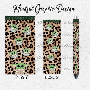 May include: A set of stationery items featuring a leopard print design with green and brown accents and images of a cartoon character. The set includes a pen and two rectangular items, one measuring 2.5 x 5 inches and the other 1.5 x 4.75 inches. The text "Mindful Graphic Design" is at the top.