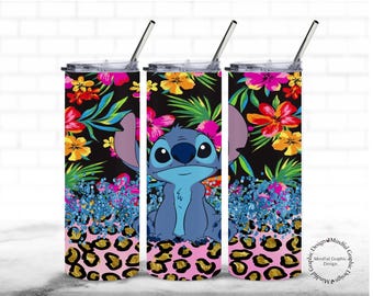 Stitch Tumbler Wrap: Tropical Flowers Sublimation (20 oz. PNG Digital File)