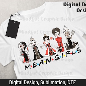 Puede incluir: Una camiseta blanca con un dise&ntilde;o gr&aacute;fico de cinco villanas de Disney, incluyendo Mal&eacute;fica, Cruella de Vil y la Reina Malvada. El texto "MEAN GIRLS" est&aacute; escrito debajo de las villanas en una fuente estilizada.