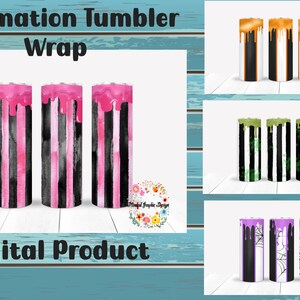 Pode incluir: Três embalagens de copo de sublimação com listras pretas e brancas e tinta pingando em rosa, verde e roxo. O texto "Sublimation Tumbler Wrap" e "Digital Product" é visível.