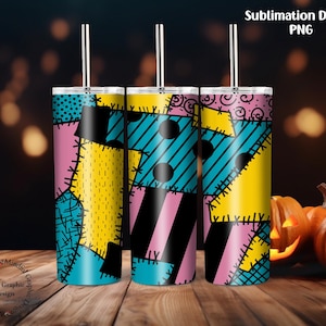 May include: Three stainless steel tumblers featuring a patchwork design inspired by the character Sally from the film "The Nightmare Before Christmas". The tumblers are yellow, blue and pink with black stitching details.