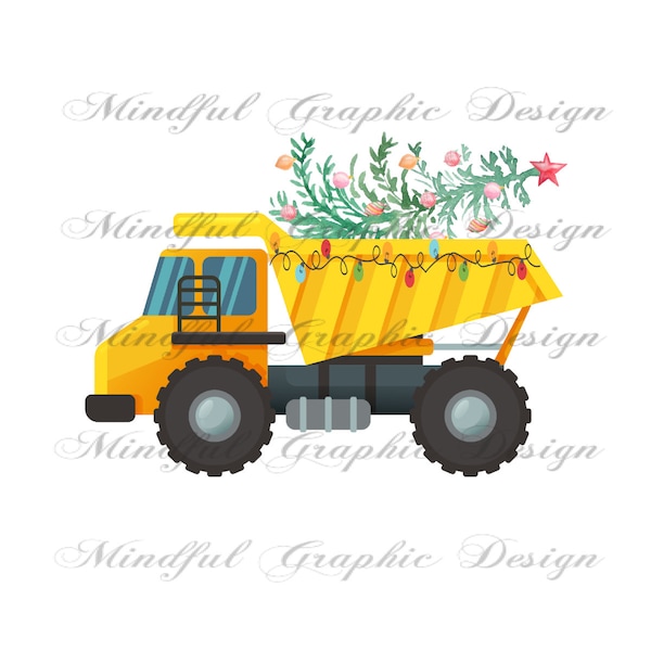 Christmas Tree, Yellow Dump Truck Digital Download File PNG,JPG Files Instant download