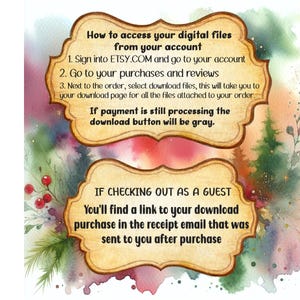 May include: A watercolor illustration with a vintage-style text box containing instructions on how to access digital files purchased on Etsy. The text box is surrounded by a watercolor background of trees and foliage.