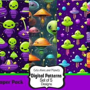 May include: A set of five digital paper patterns featuring cute alien and planet designs. The patterns are on a purple background with stars and are perfect for scrapbooking, card making, and other craft projects.