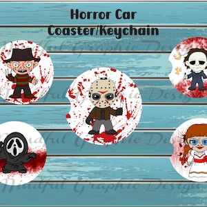 Postacie z horroru, Halloween, podstawka samochodowa, brelok, zjeżdżalnia wodna, sublimacja, clipart, cyfrowy plik do pobrania PNG