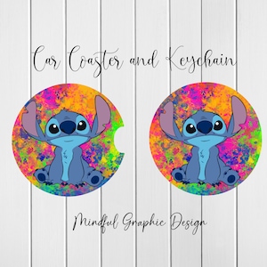 May include: Car coasters and keychain set featuring a blue cartoon character on a colorful background. The design includes the text "Car Coaster and Keychain" and "Mindful Graphic Design". The coasters have a cutout for easy use.