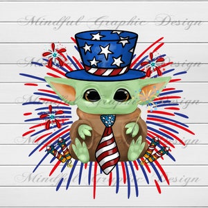 May include: A green cartoon character wearing a red, white and blue top hat with stars and a tie. The character is surrounded by red, white and blue fireworks.
