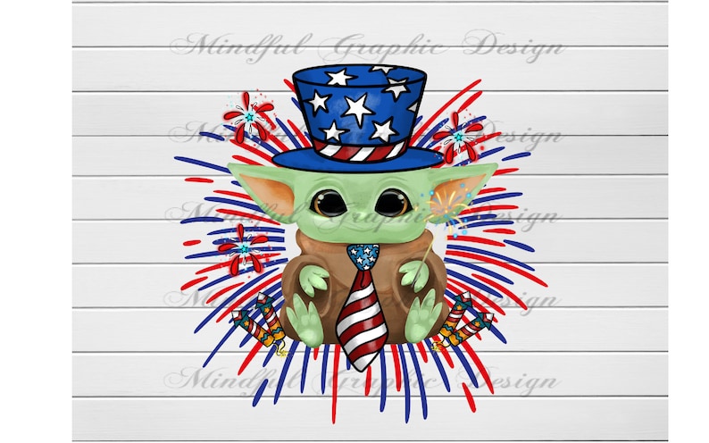 May include: A green cartoon character wearing a red, white and blue top hat with stars and a tie. The character is surrounded by red, white and blue fireworks.
