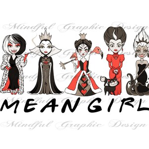 Puede incluir: Cinco personajes de villanos de Disney, incluyendo a Cruella de Vil, Mal&eacute;fica, la Reina de Corazones, &Uacute;rsula y la Reina Malvada, se representan en un estilo de dibujos animados con el texto "MEANGIRLS" debajo.