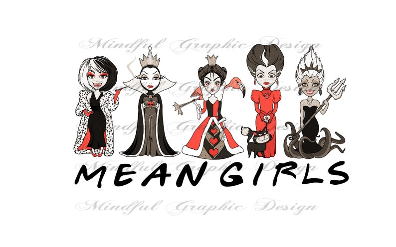 Puede incluir: Cinco personajes de villanos de Disney, incluyendo a Cruella de Vil, Mal&eacute;fica, la Reina de Corazones, &Uacute;rsula y la Reina Malvada, se representan en un estilo de dibujos animados con el texto "MEANGIRLS" debajo.