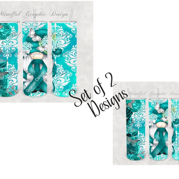 Ovarian Cancer Awareness Gnomes, Set Of 2, teal ribbon,roses, flowers,Straight Tumbler Sublimation ,Digital Download, PNG,JPG