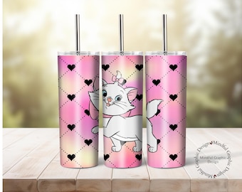 May include: Three pink and white stainless steel tumblers with a black and white illustration of a cat with a pink bow. The tumblers have a pink and white ombre background with a black diamond pattern and black hearts.