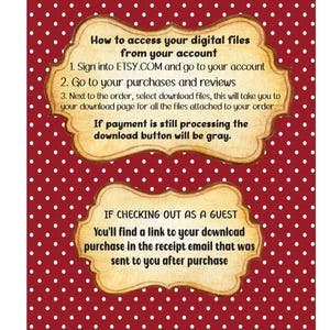 Puede incluir: Un fondo rojo con lunares blancos presenta dos etiquetas beige con instrucciones sobre c&oacute;mo acceder a los archivos digitales desde Etsy.com. La etiqueta superior dice "C&oacute;mo acceder a tus archivos digitales desde tu cuenta" y enumera tres pasos. La etiqueta inferior dice "Si compras como invitado" y explica c&oacute;mo encontrar el enlace de descarga.