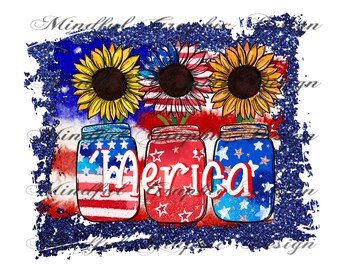Sunflower American Flag Mason Jar Sublimation Design (Digital Download)