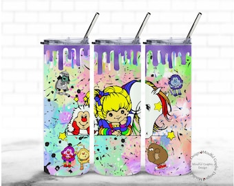 May include: Three stainless steel tumblers with colorful, abstract designs featuring cartoon characters and a unicorn. The tumblers have lids and straws.