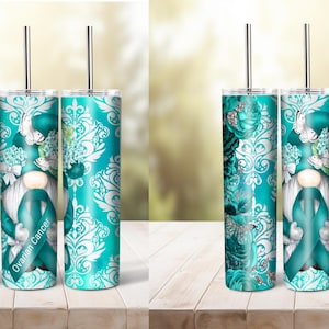 Ovarian Cancer Awareness Gnomes, flowers, 20 oz. tumbler wrap, Sublimation, Digital Download, background, waterslide