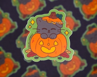 Jack-o-Lantern Pumpkin Cat Vinyl Sticker | Waterproof Matte Vinyl Sticker