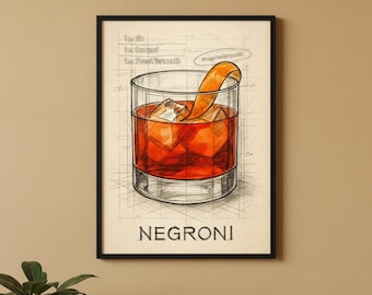 May include: A framed art print featuring a Negroni cocktail illustration. The drawing shows a glass with ice cubes and an orange peel. The word "Negroni" is printed at the bottom. The background has a sketched blueprint style.
