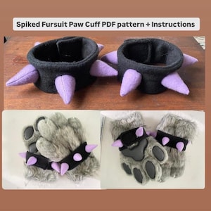 Peut inclure: Manchettes et gants en fausse fourrure à pointes noires et violettes. Les manchettes sont noires avec des pointes violettes. Les gants sont gris avec des coussinets noirs et des manchettes noires avec des pointes violettes. Le texte sur l'image indique "Spiked Fursuit Paw Cuff PDF pattern + Instructions."