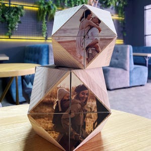 Wooden Photo Cube Crystal, Personalized Gift with 12 Photos & AR Video Effect, Premium Print Memory Block, Original Custom Wooden Keepsake