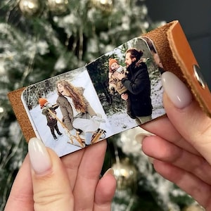 Mini Leather Photo Keychain, Personalized Keyring Album with 14 Photos, Custom Engraving & Optional AR Video Effect, Gift for Loved Ones