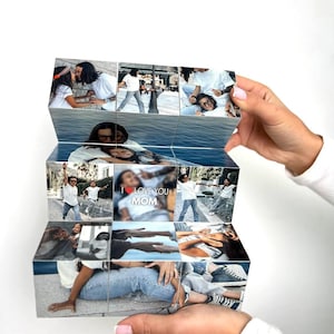 Personalized Zig Zag Photo Cube, Wooden Photo Collage Tabletop Display, Augmented Reality Video Feature, Custom Gift for Loved Ones