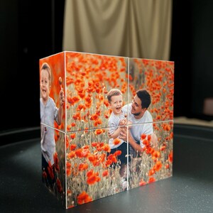 Custom Photo Cube with 6 Sides, Personalized Picture Blocks, Wooden Cube with Premium Print, Unique Gift with Optional AR Video Effect
