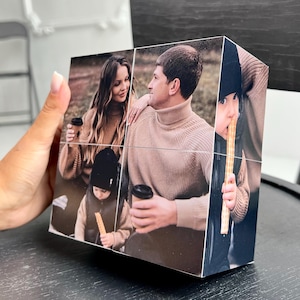Custom Photo Cube with AR Video Effect, Flipped Wooden Photo Box, Personalized Gift with Custom Print Photos, Tabletop Square Photo Display