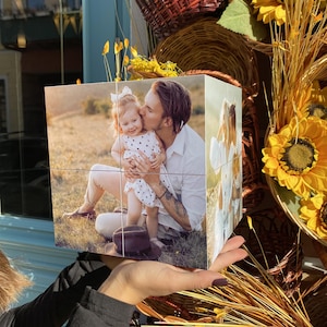 Custom Photo Cube with Photos, Personalized Memory Cube Flip Box Gift with Optional AR Video Effect, Wooden Photo Keepsake for Family