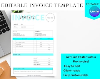 May include: A white invoice template with a light blue header and accents. The text "EDITABLE INVOICE TEMPLATE" is at the top. The invoice includes fields for details and a logo. The image also includes the text "EDITABLE IN Canva".