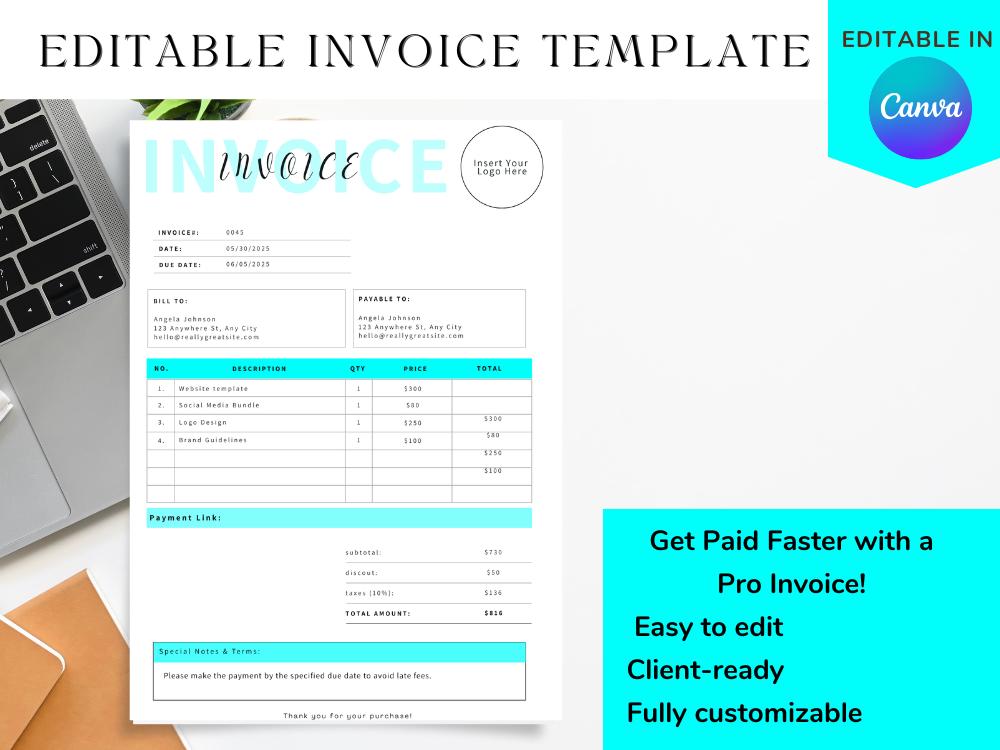 Professional VA Invoice Template | Editable Canva for Virtual ...