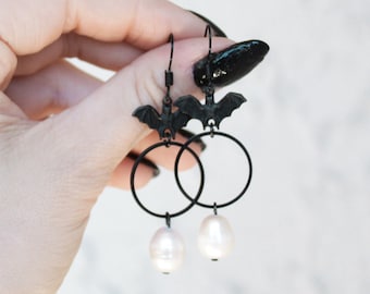 Goth Bat Hoop Earrings | Witch Black Jewelry Occult Elegant Pearl Classy Hoops