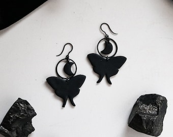 Black Crescent Moon Moth Earrings | Goth Butterfly Witch Celestial Jewelry