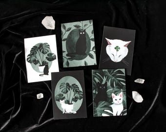 Cat & House Plant Illustration | Botanical Green Leaf Monstera Feline Art Print Cat Lover Gift